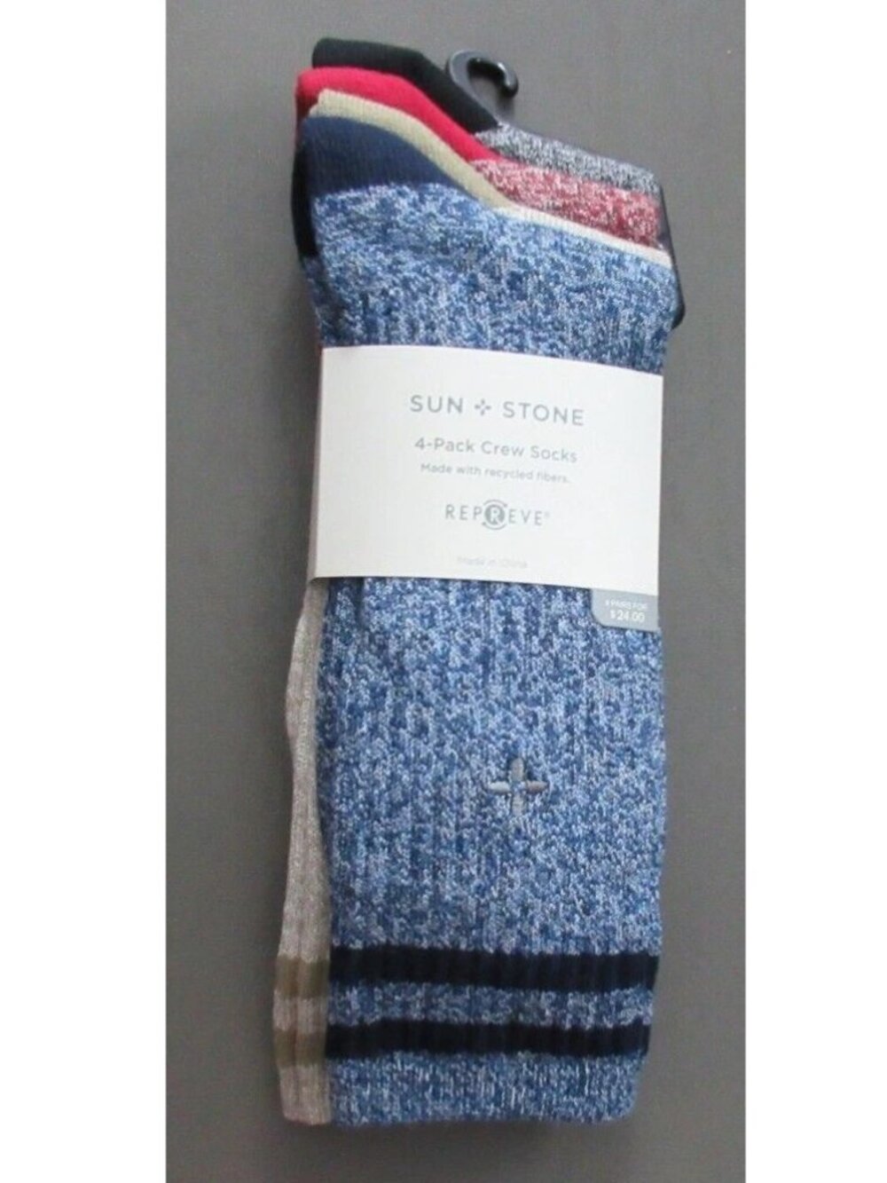 Sun + Stone Men's 4-Pair Double Stripe Crew Socks, Multi Variety Pack, Shoe 7-12